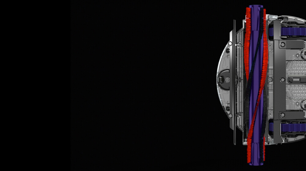 Dyson 360 Eye&trade; robot vacuum from below, showing the brush bar